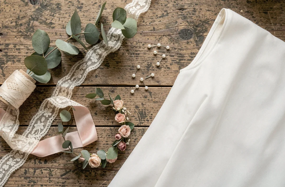 Flat lay des accessoires DIY pour transformer une robe simple en robe de mariée bohème : dentelle, fleurs séchées, ruban et épingles nacrées