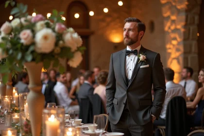Homme élégant en costume gris jouant un rôle secondaire lors d'une réception de mariage, entouré d'une décoration florale raffinée