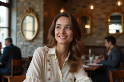 Jeune femme élégante souriante dans un café parisien, illustrant un portrait lifestyle pour un article sur Alicia Dauby et son compagnon