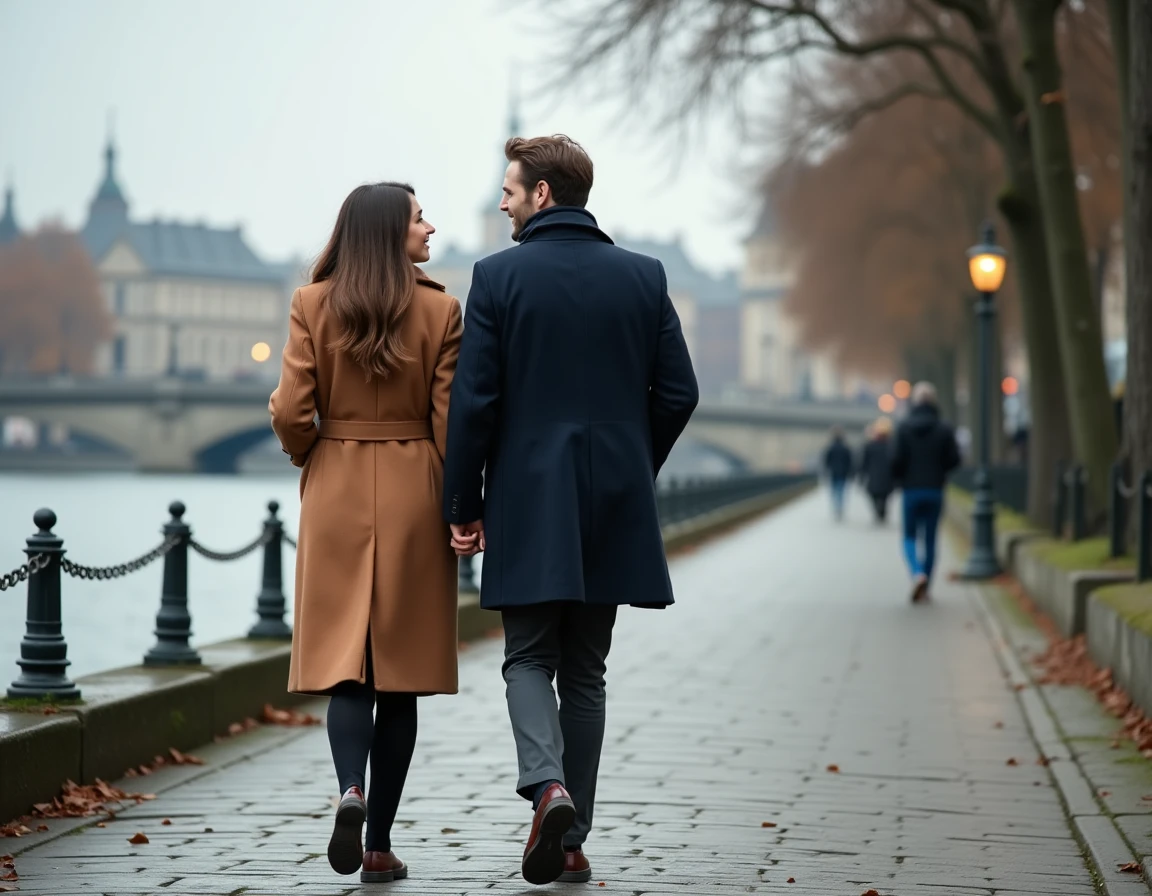 Couple élégant marchant main dans la main sur un quai parisien en automne, illustration d'un article sur la vie amoureuse et le mariage d'Alicia Dauby