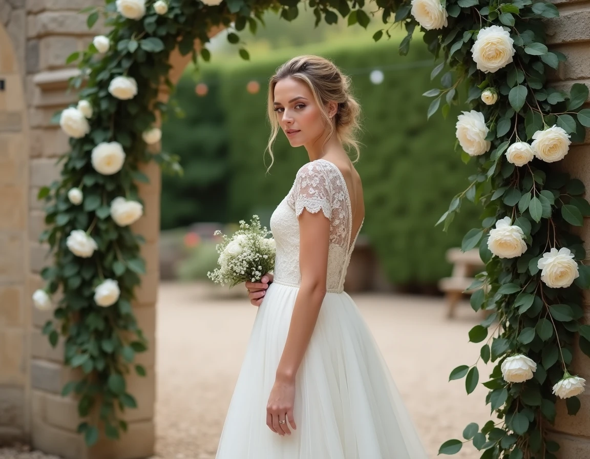 Femme en robe blanche tenant un bouquet devant une arche fleurie dans une cour de château français, illustrant un article sur le mariage d'Alicia Dauby