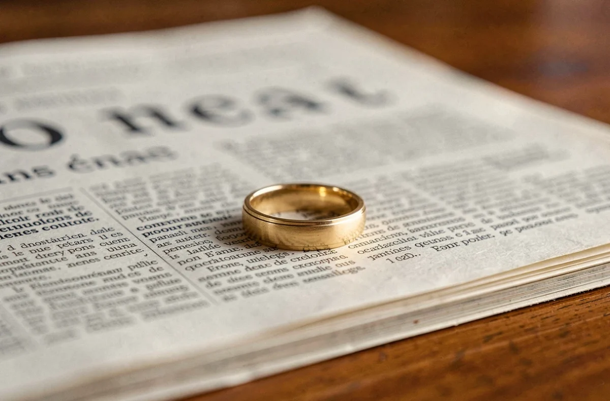 Alliance dorée posée sur un journal français symbolisant le mariage d'une personnalité publique et la protection de la vie privée