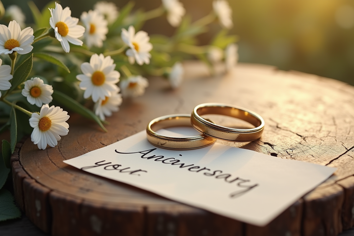 Alliances entrelacees sur une table en bois avec fleurs blanches