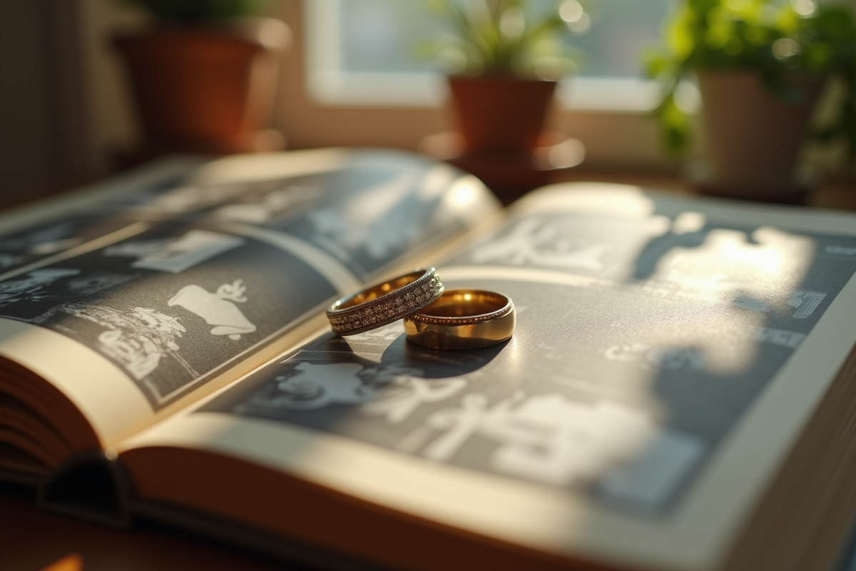 Alliances de mariage sur un album photo nostalgique