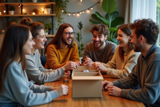 Groupe d'amis rieurs lors d'un défi dans un salon cosy