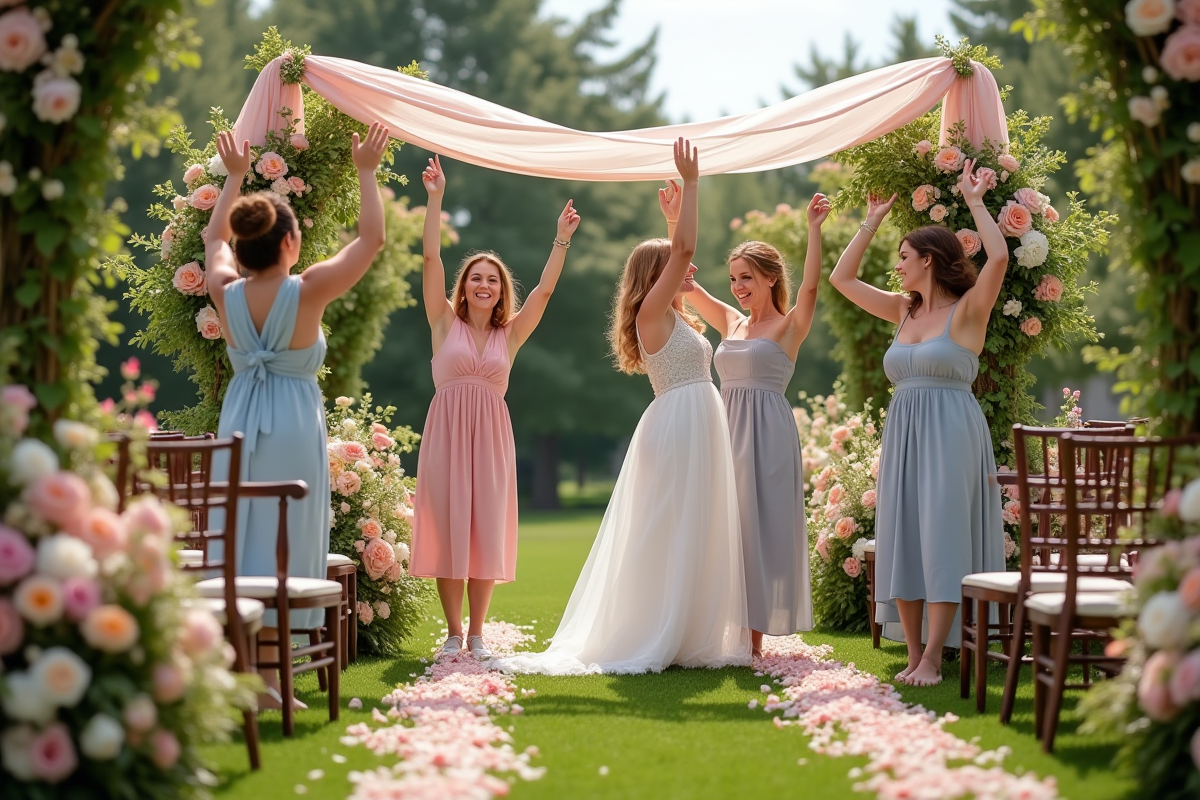 Amis décorant un jardin pour un mariage en plein air