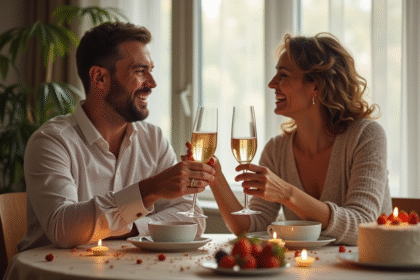 Couple heureux célébrant leur 8e anniversaire de mariage à la maison