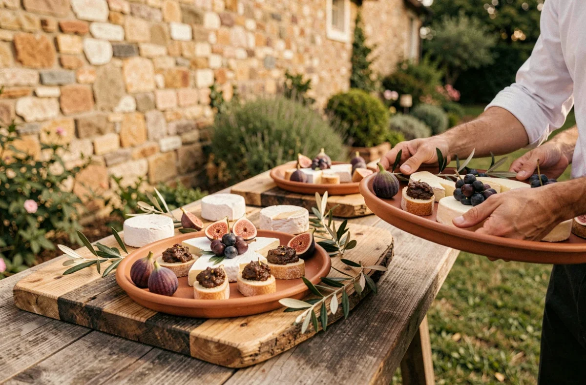 Buffet cocktail artisanal d'Artisan Gourmet à Beauvoisin avec produits locaux, fromages et tapas sur planches de bois rustiques