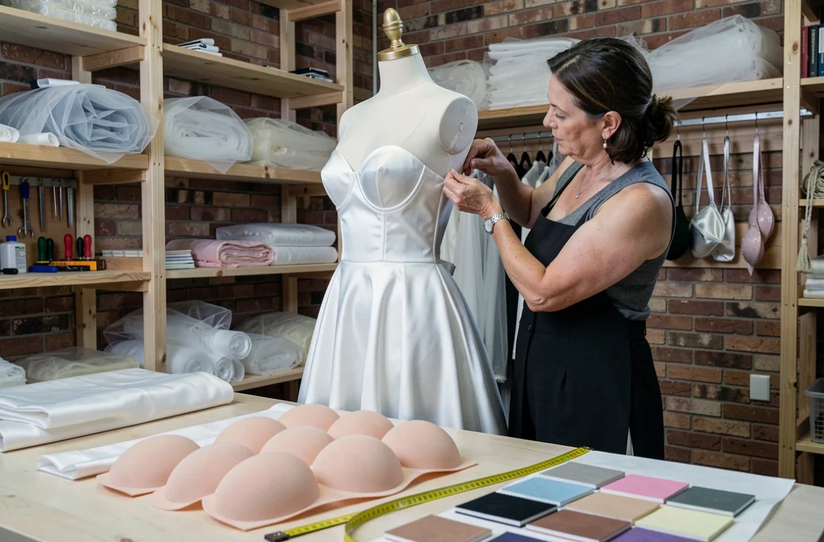 Styliste ajustant une robe de mariée bustier en atelier avec des soutiens-gorge adhésifs invisibles au premier plan