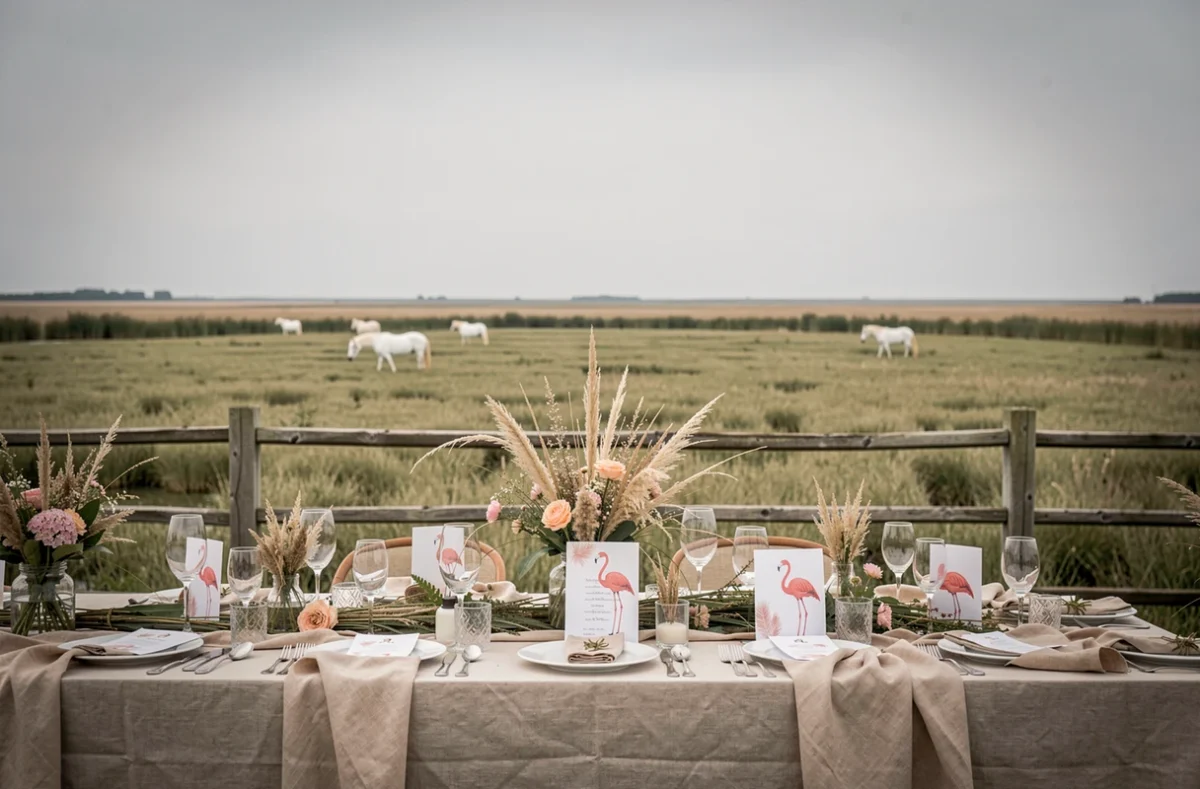 Table de réception de mariage dressée en plein air en Camargue par Blanco Négro Traiteur, avec chevaux blancs et marais en arrière-plan