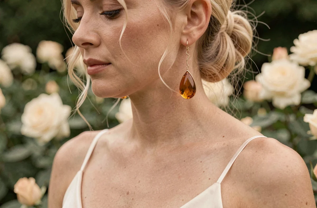 Gros plan sur une boucle d'oreille pendante en or gold-filled avec pierre ambre portée par une mariée dans un jardin fleuri