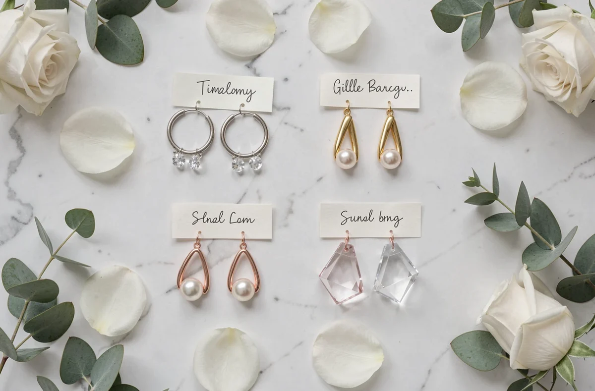 Sélection de boucles d'oreilles de mariage pendantes en matières hypoallergéniques disposées en flat lay sur marbre blanc