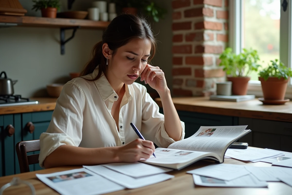 Femme planifiant son budget de mariage avec des brochures et un carnet de notes sur une table en bois rustique
