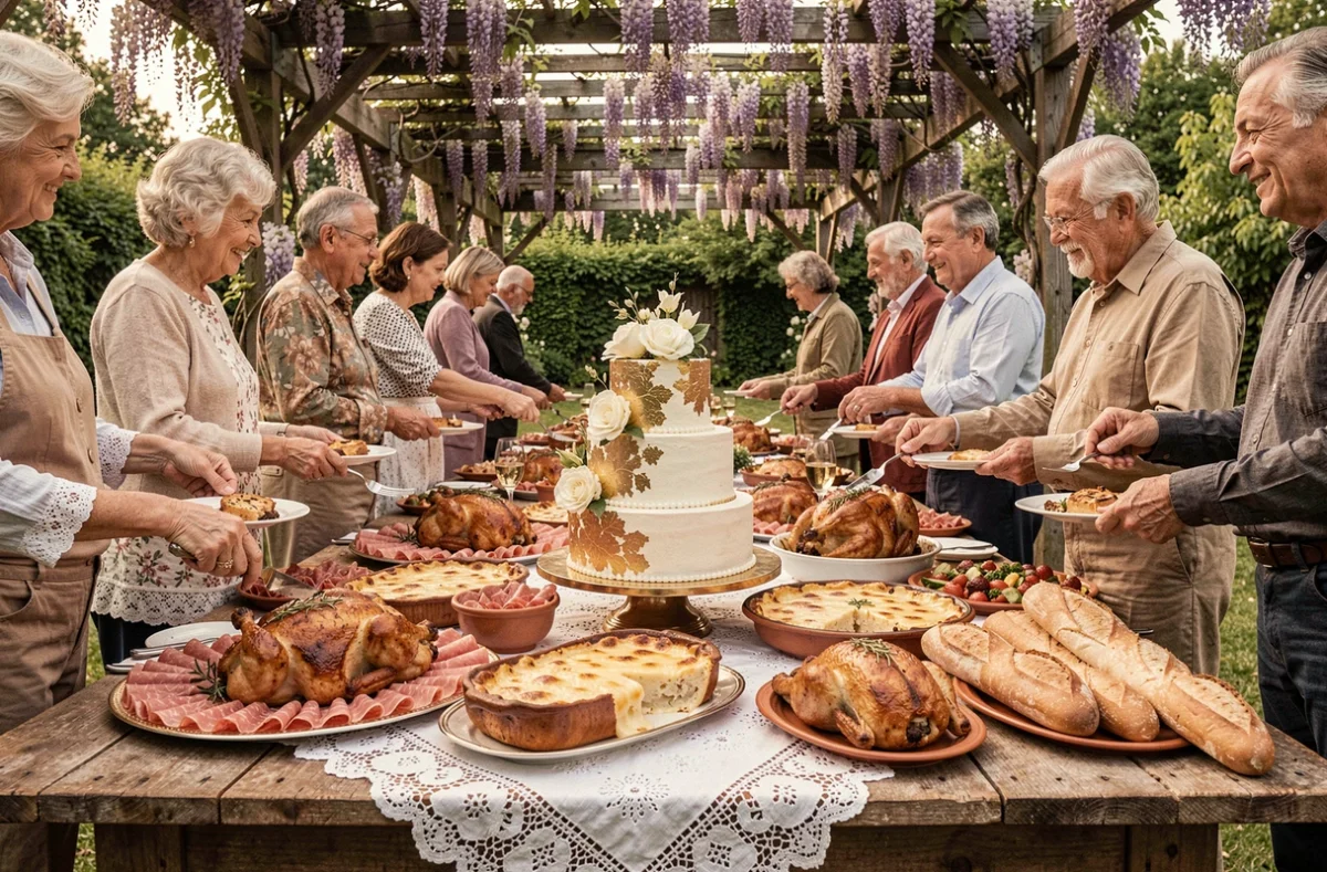 Buffet festif en plein air pour un repas de noces d'or sous une pergola fleurie, avec plateau de charcuterie, poulet rôti, gratin dauphinois et gâteau anniversaire à feuille d'or