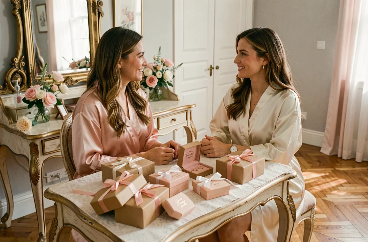 Deux témoins de mariage féminines en robe de mariée découvrant leurs cadeaux personnalisés dans une suite nuptiale