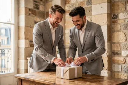 Deux témoins de mariage en costume gris découvrant leur cadeau personnalisé dans un appartement parisien