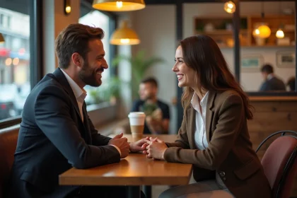Couple souriant dans un café chic en ville