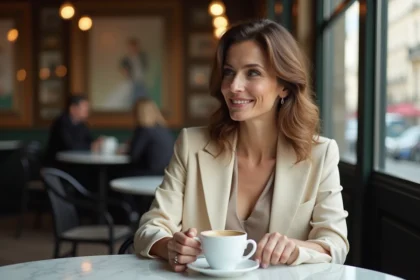 Femme élégante à l'air mystérieux assise dans un café parisien, illustrant l'intrigue autour de la vie privée de Candice Rolland