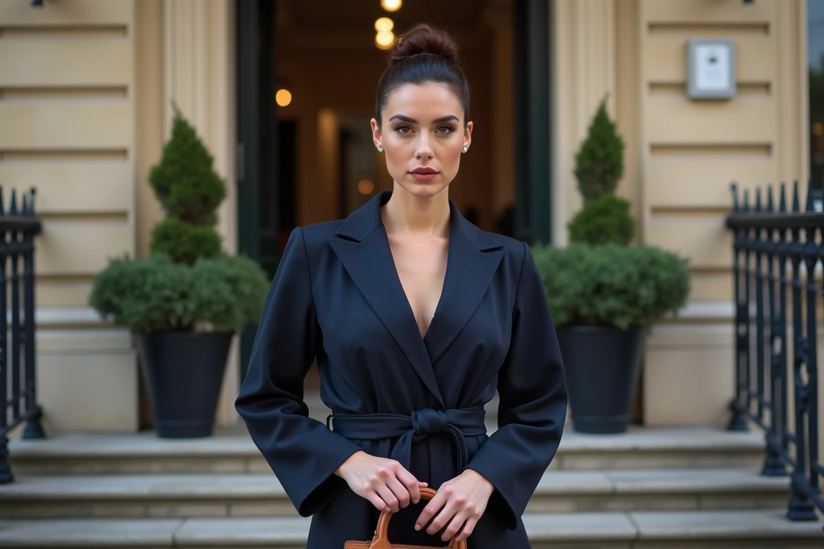 Femme distinguée devant un immeuble haussmannien parisien, évoquant le mystère entourant la vie amoureuse et le mariage de Candice Rolland