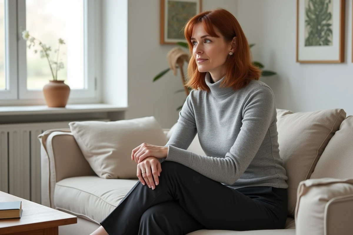 Femme pensive dans un salon moderne et épuré, symbolisant le secret et la discrétion autour du compagnon et de la vie personnelle de Candice Rolland