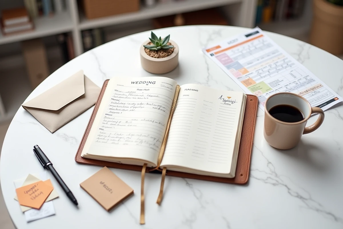 Carnet de wedding planner avec budget, devis et planning détaillé illustrant la différence entre coordination et organisation complète