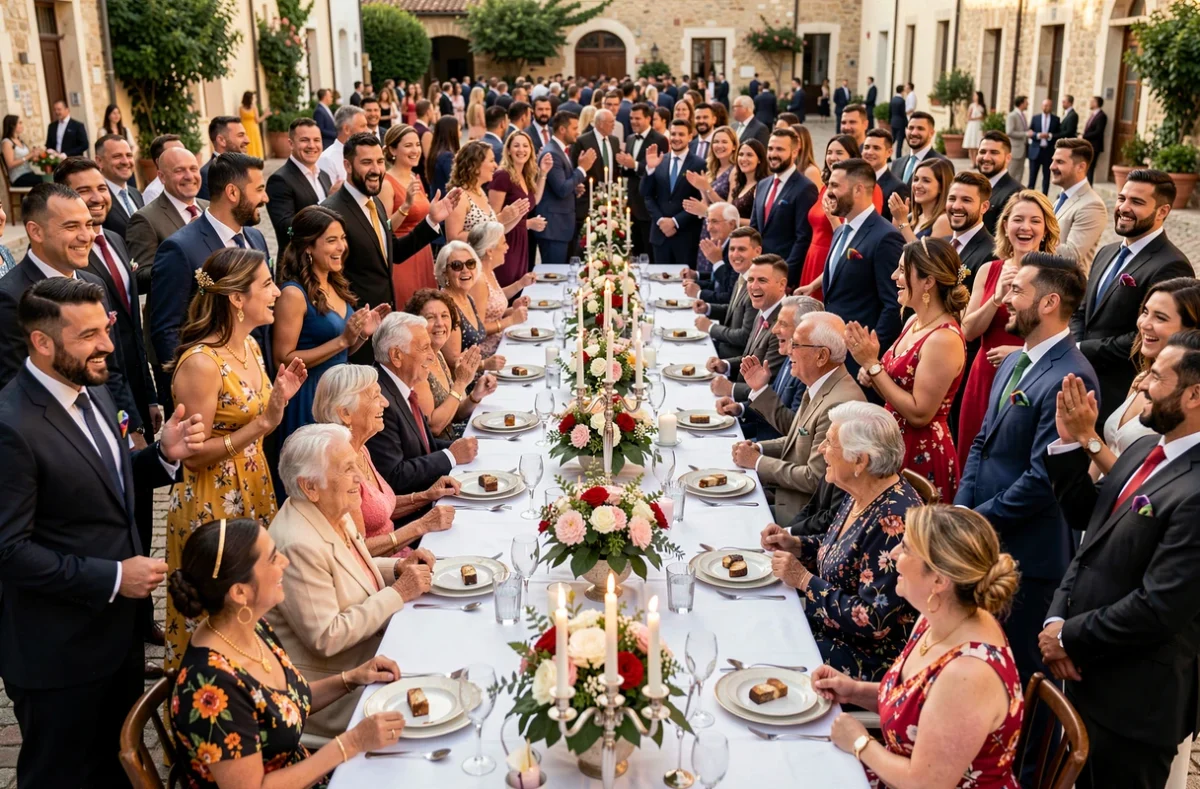 Célébration de mariage gitan en plein air avec familles en habits traditionnels autour d'un banquet décoré, reportage photo