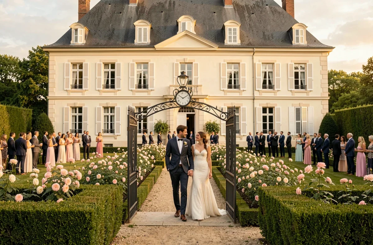Le Château de Belle Poule, une élégante demeure aux murs crème avec un jardin à la française orné de rosiers pour une réception de mariage