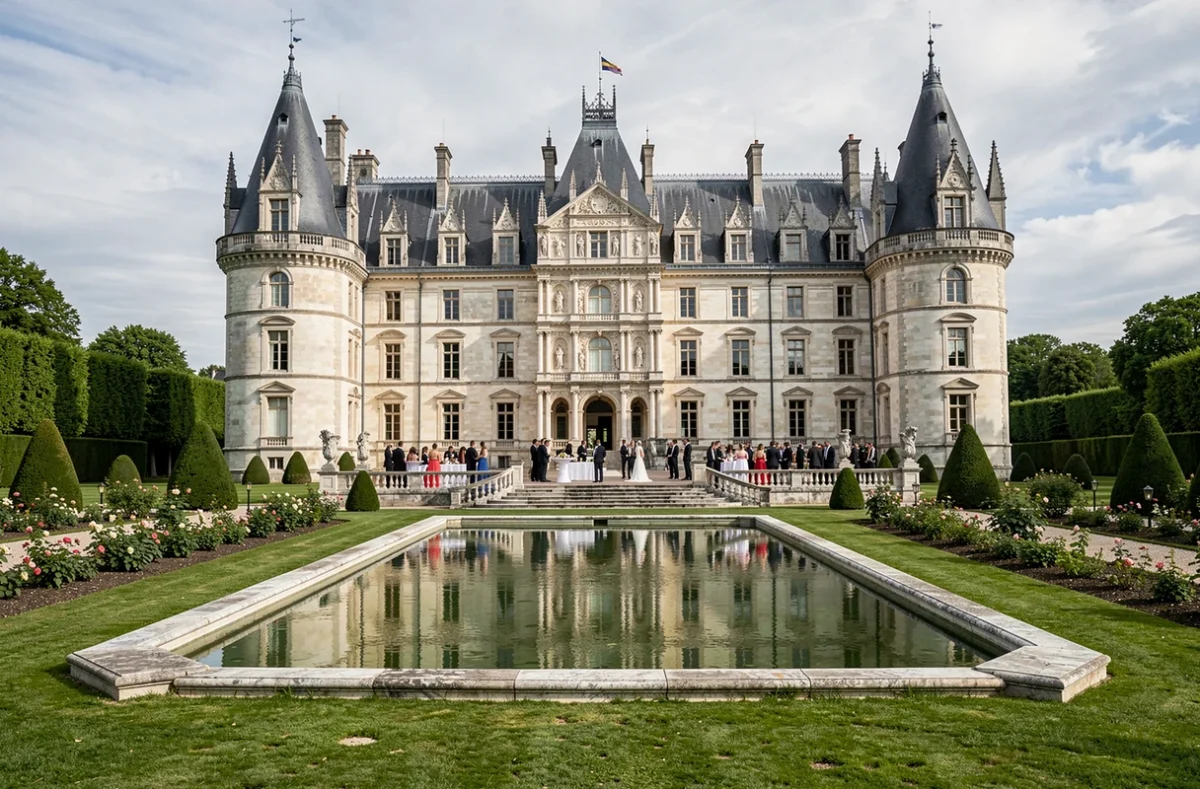 Le Château de Challain, un imposant château néo-gothique avec ses tours élancées et ses jardins élaborés, idéal pour un mariage de prestige