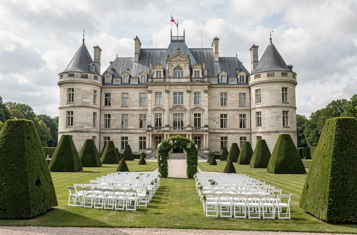 Le Château du Parc Saint-Lambert avec son architecture imposante et ses jardins formels préparés pour une cérémonie de mariage