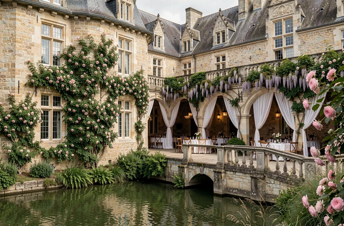 Le Château du Plessis-Macé, un château médiéval entouré de douves avec une cour intérieure préparée pour un mariage en Maine-et-Loire