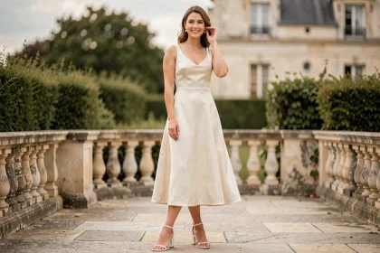 Femme invitée de mariage portant des sandales blanches à talon bloc et une robe ivoire sur une terrasse de château français