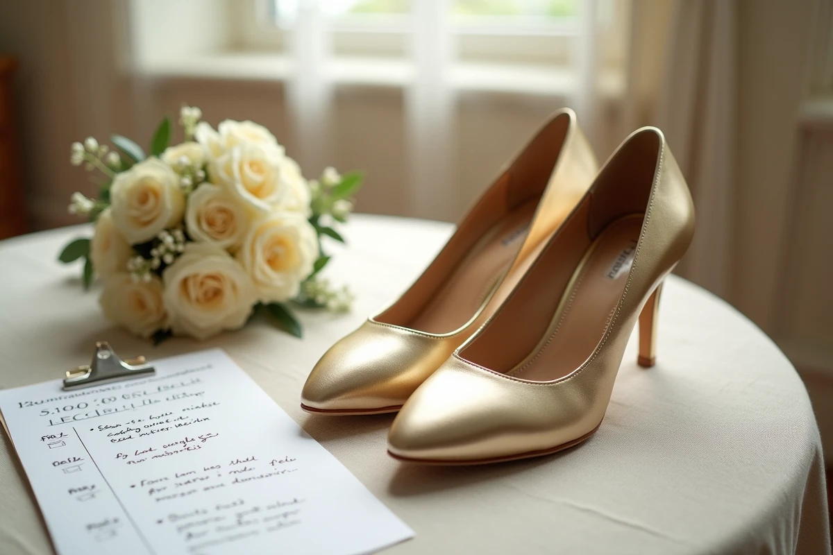 Détail de chaussures de mariage en or sur table en lin