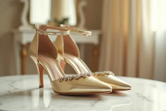 Chaussures de mariée dorées à talons ornées de cristaux posées sur un marbre blanc, ambiance élégante de chambre nuptiale