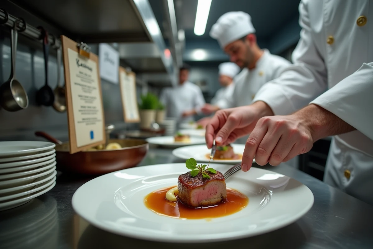 Chef cuisinier dressant un plat de canard pour un menu de mariage dans une cuisine professionnelle, avec carte de menu visible en arrière-plan