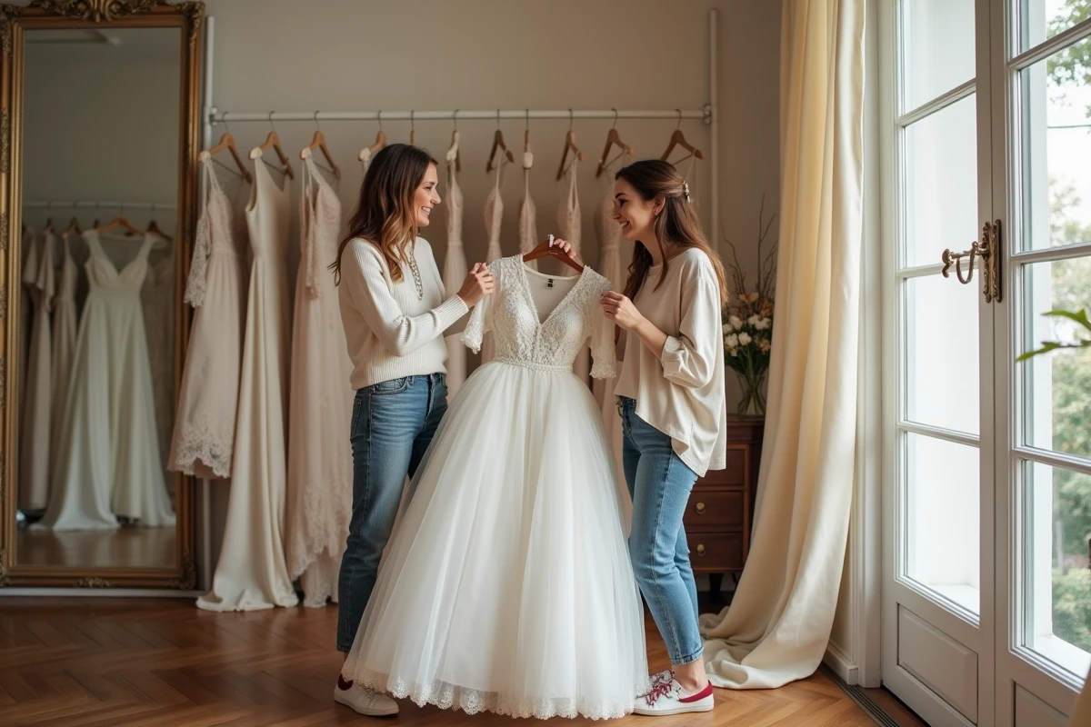Deux amies choisissant une robe de mariée bohème pas cher dans un atelier de mariage parisien