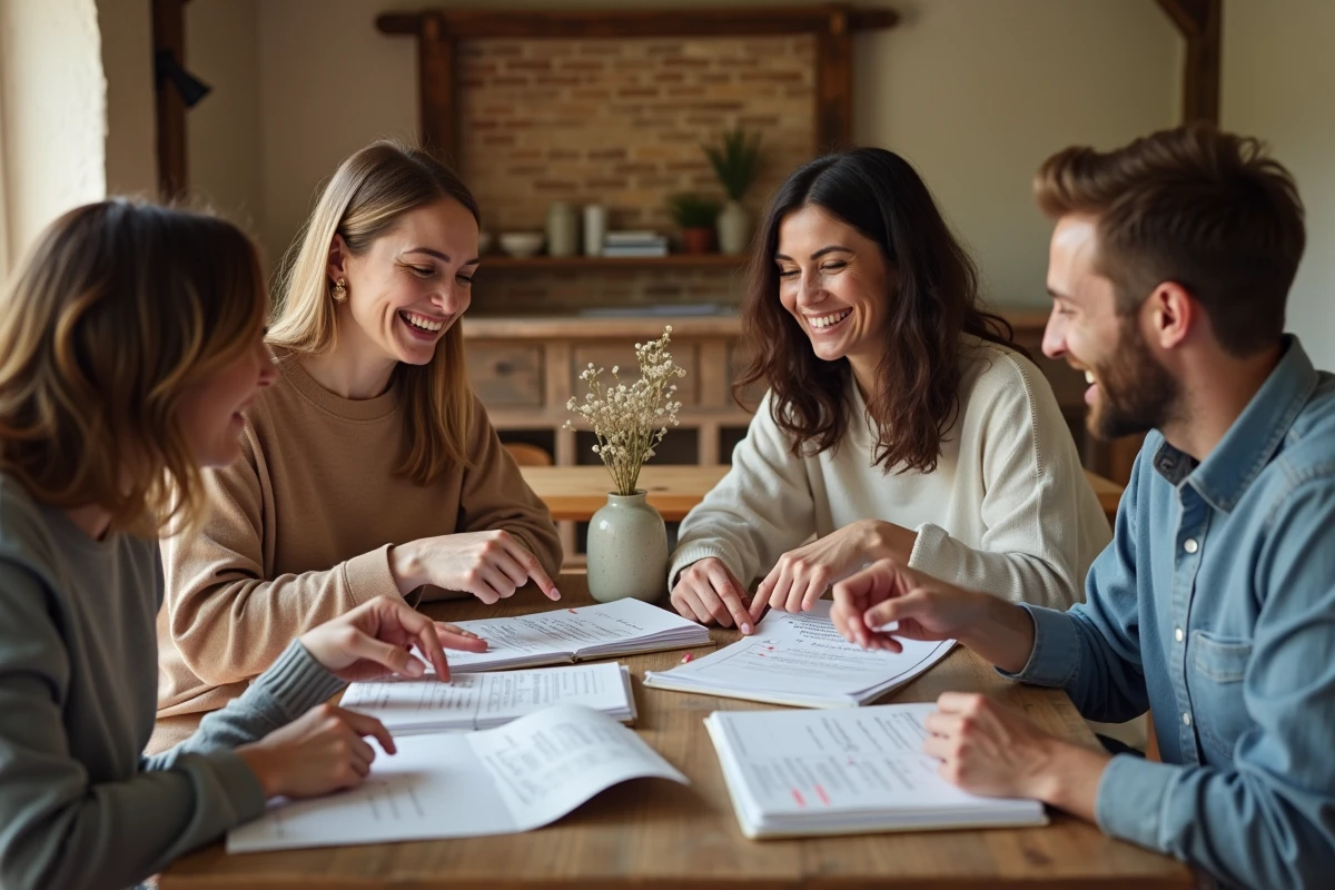 Futurs mariés et amis discutant du choix des témoins de mariage autour d'une table en bois