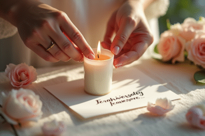 Mains versant de la cire chaude sur une carte d anniversaire