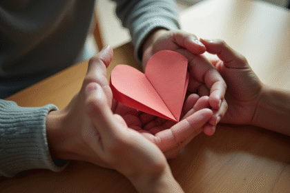 Mains tenant un coeur origami en papier texturé