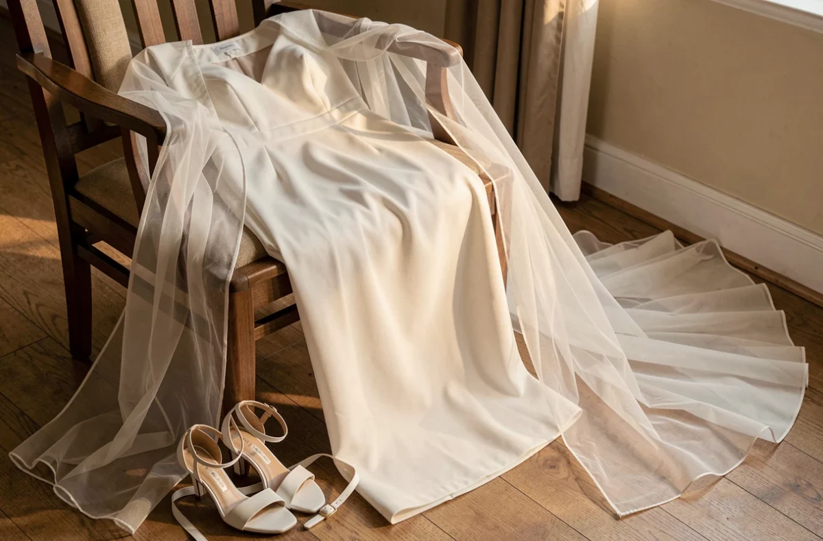 Combinaison blanche de mariée avec cape transparente, traîne en tulle et sandales