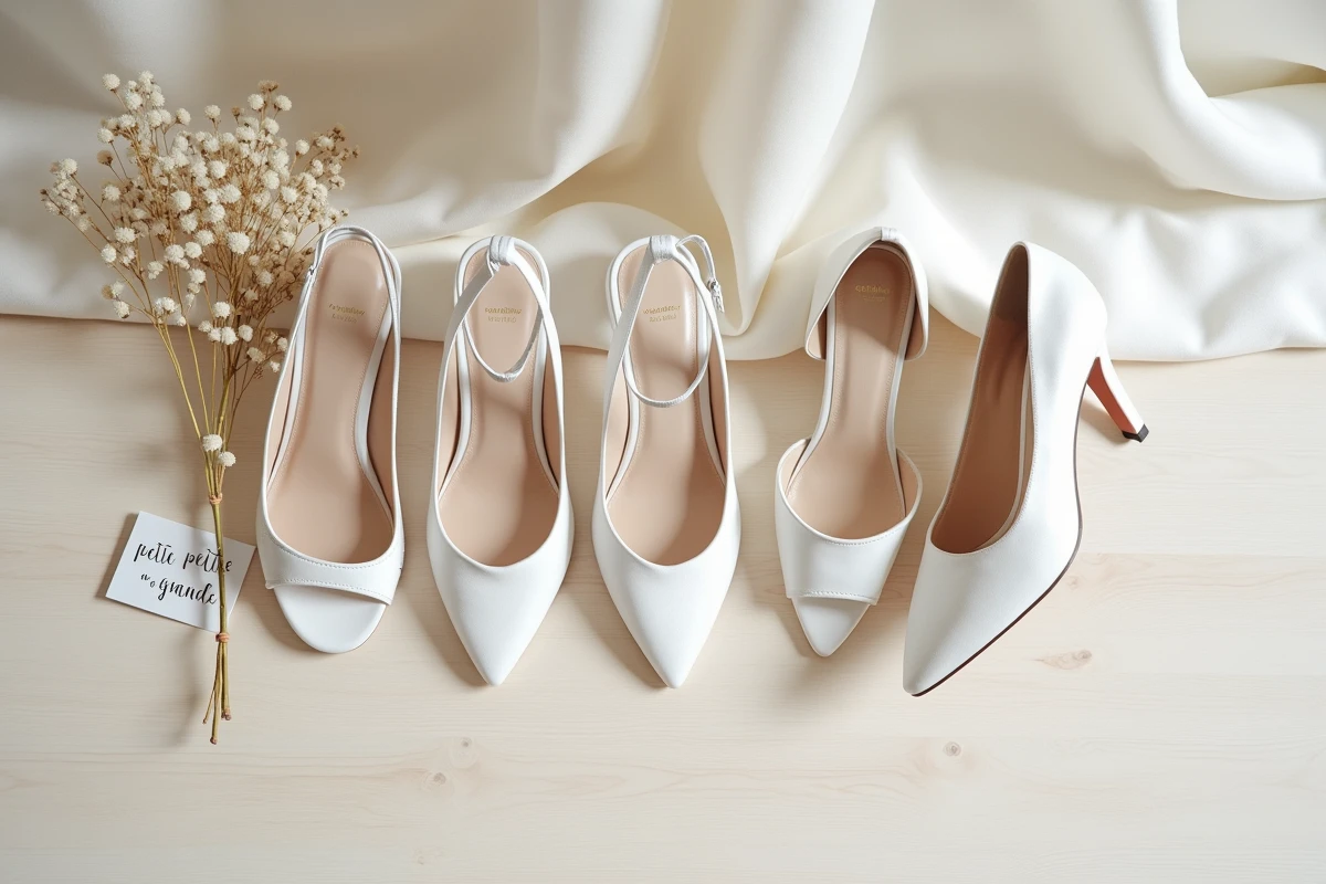 Comparaison de trois paires de chaussures blanches de mariage pour mariées de différentes tailles en vue à plat
