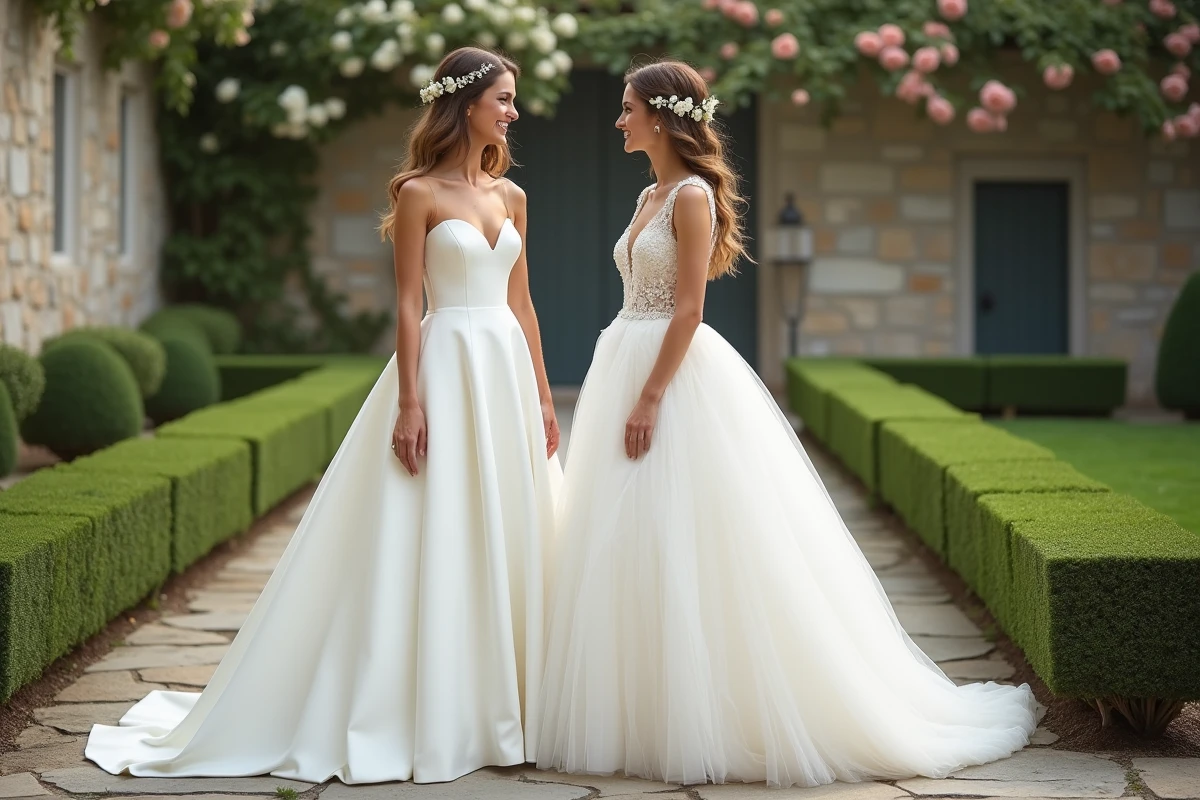 Comparaison de deux robes de mariée, une simple en crêpe et une volumineuse en tulle brodé, dans un jardin de mariage