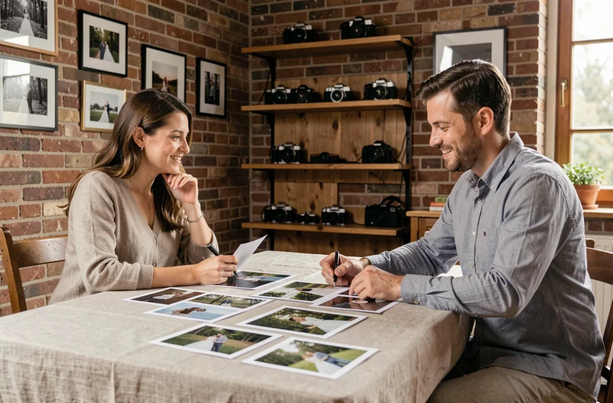 Consultation portfolio entre un couple et un photographe de mariage dans un studio à Cambrai