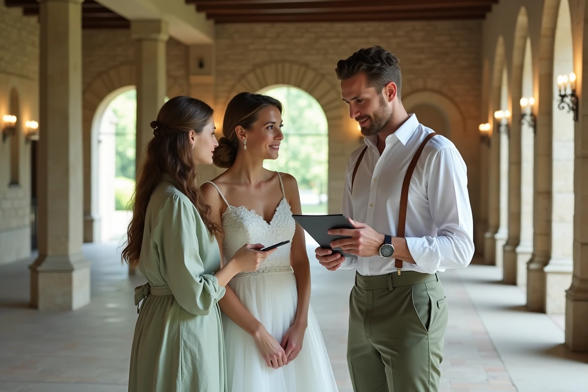 Coordinateurs de mariage accompagnant une mariée lors d'une visite de lieu de réception pour un service de coordination partielle