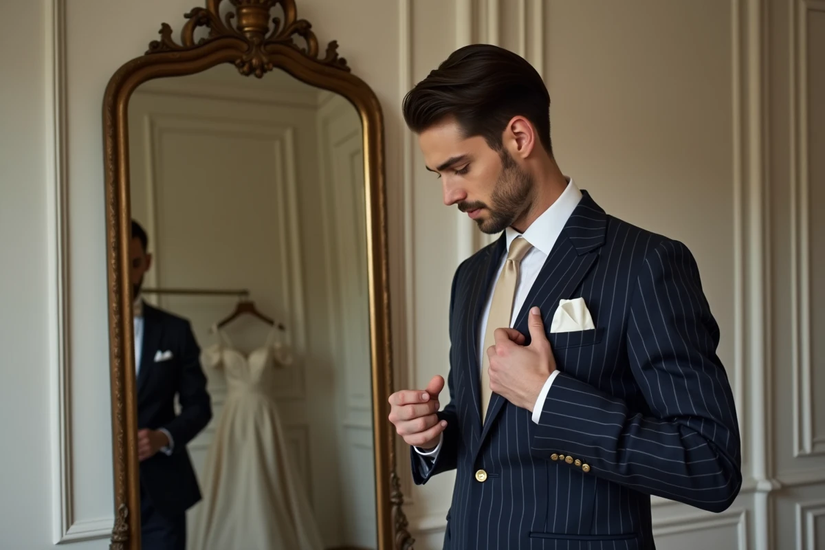Marié en costume bleu marine et chemise ivoire s'apprêtant devant un miroir ancien avec robe de mariée visible en reflet
