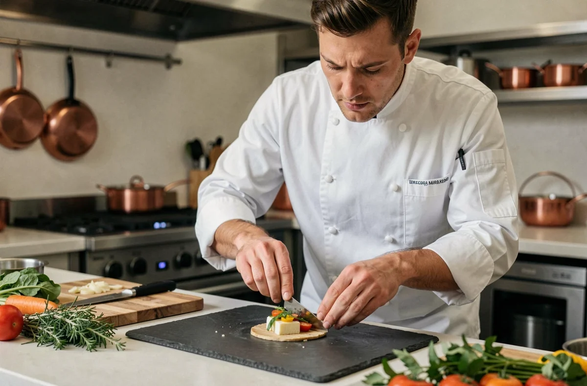 Chef cuisinier de Côté Traiteur dressant une assiette gastronomique dans une cuisine ouverte contemporaine à Nîmes