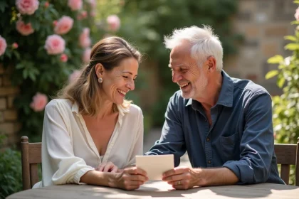 Couple fêtant leurs 36 ans de mariage échangeant une carte de vœux manuscrite dans un jardin fleuri