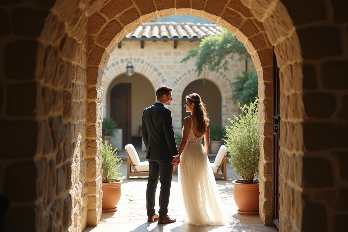 Couple habille elegant accueillant des invités devant une villa mediteranee
