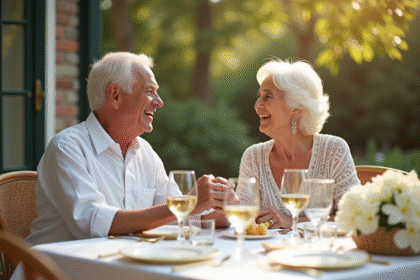 Couple agee main dans la main lors d un repas en plein air