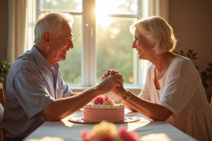 Couple mature souriant lors d'un dîner d'anniversaire