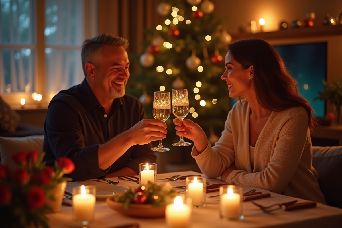 Couple heureux trinquant lors d'un anniversaire dans un salon chaleureux